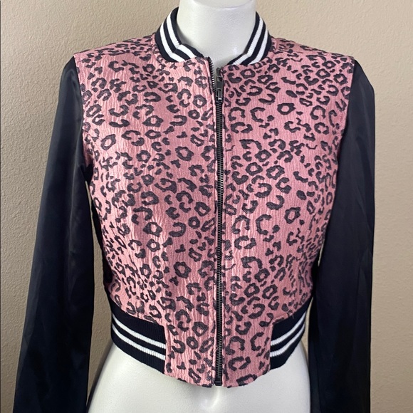 Aeropostale Pretty Little Liars pink leopard, black satin cropped bomber S💕💕 - Picture 2 of 11